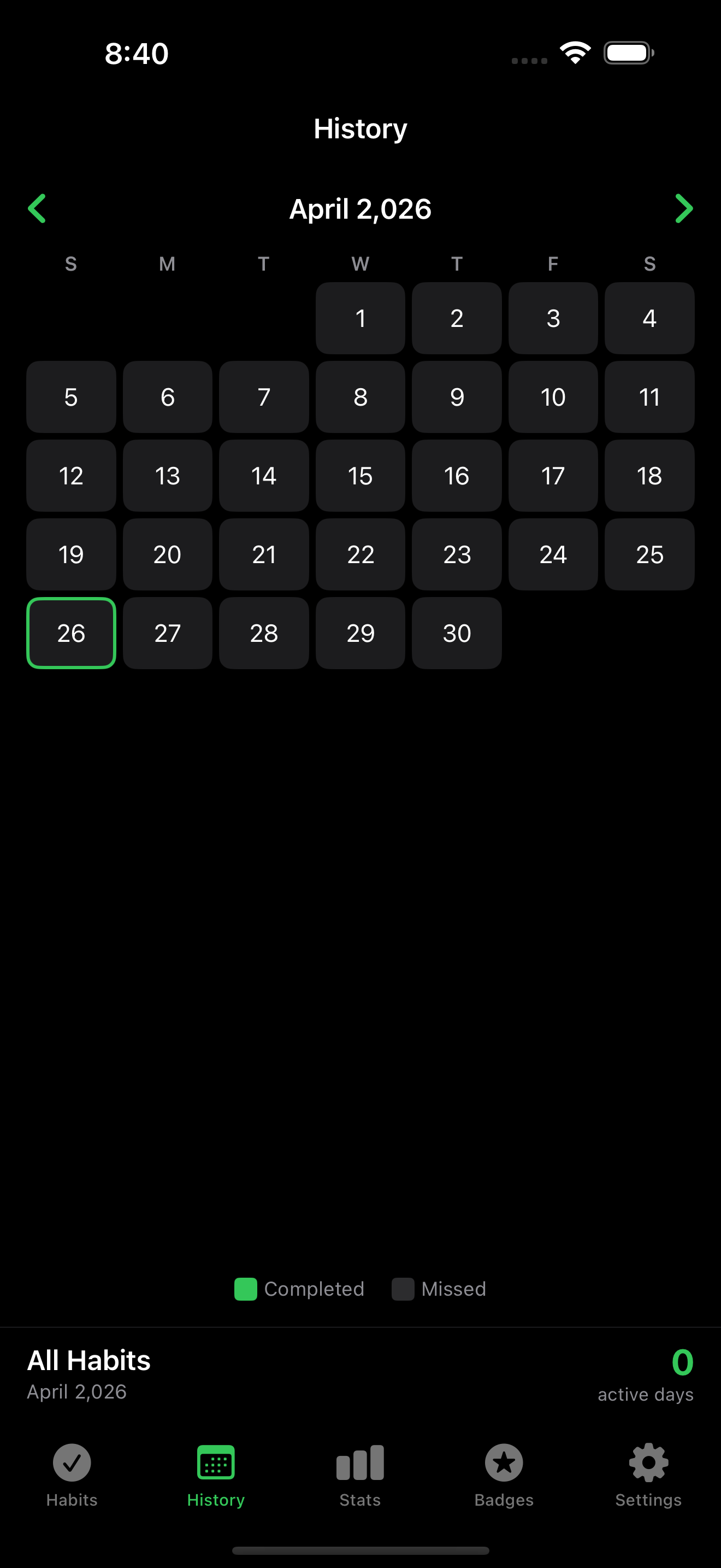 HabitArcFlow screen 2: Calendar & History View