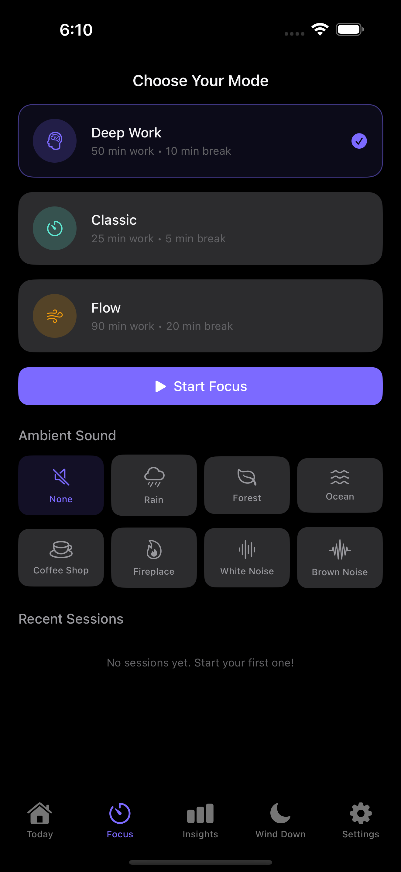 UstiaGo screen 2: Deep Work Soundscapes